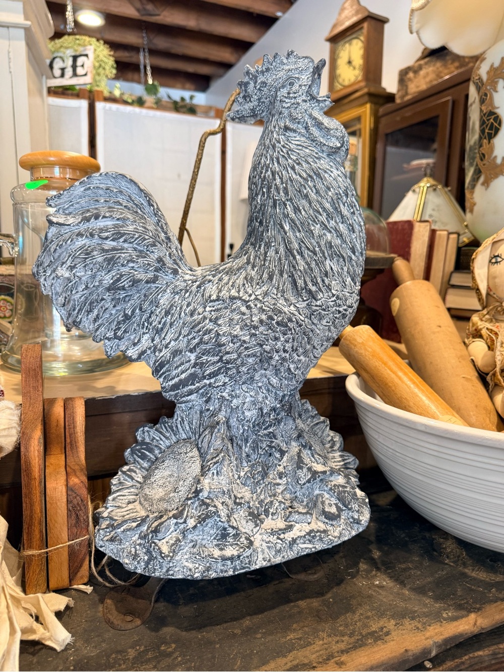 Decorative Rooster Statue - Whitewashed Gray Farmhouse Accent